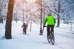 A father and his son ride a bikes in a winter park. Back view. Weekend in a snowy park