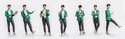 Collection full length handsome asian man lifestyle in green casual outfit on isolated white background. Young Asian man happy smile in studio. Business online concept.