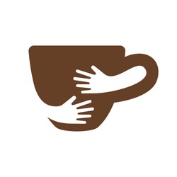 Creative coffee cup and hands logo design. Cafe or restaurant symbol. Unique logotype design template. Hug cup vector illustration