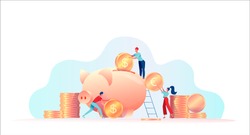 Little people move coins and put them in a piggy bank. Metaphor of investment, capital accumulation. Savings protection concept, retirement savings. Flat vector illustration