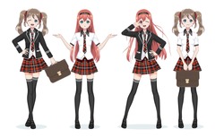 Beautiful anime manga schoolgirl. Plaid red skirt and tie pattern of tartans. Black long stockings, school bag in shirt and jacket. Full body in different poses. Cartoon character in Japanese style