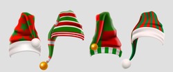 Winter Woolen Elves Hat Christmas Set. Xmas Green and Red Fur Cap Photo Booth Props for Kids. Santa Claus hat. Winter clothes. Christmas 3d realistic vector icon set