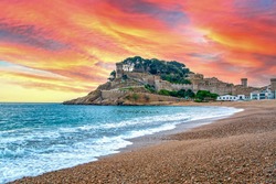 Tossa de Mar fortress on the beach, Costa Brava Mediterranean sea landscape in Catalonia, Spain
