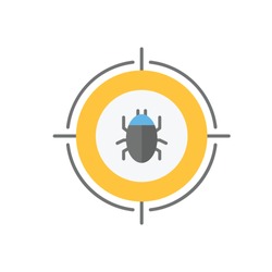 Malware bug in target vector icon. Network Vulnerability - Virus, Malware, Ransomware, Fraud, Spam, Phishing, Email Scam, Hacker Attack - IT Security Concept Design, Vector illustration