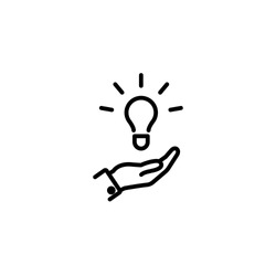 Hand holding light bulb. Smart idea icon isolated. Innovation, solution icon. Energy solutions. Power ideas concept. Electric lamp, technology invention. Human palm. Business inspiration.