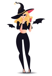 Cute young witch with bat wings smiling and holding mobile phone. Halloween Characters.
