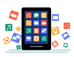 Black tablet with cloud of application icons and  Apps icons flying around them, isolated on White background. Flat Illustration