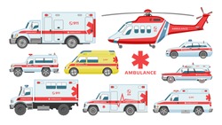 Ambulance car vector emergency ambulance-service vehicle or van and medical care transport in hospital illustration set of aid service transportation 911 helicopter isolated on white background