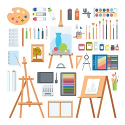 Art tools flat painting icons vector set. Different artistic designers elements isolated on white.  Creative person equipments 