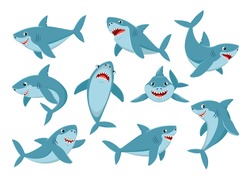 Shark. Cartoon ocean fish character. Comic sharks emotions. Shark fish mascot. Sharks for baby, kids and family.  Vector illustration isolated icons set