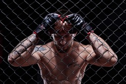 Dramatic image of a mixed martial arts fighter standing in an octagon cage. The concept of sports, boxing, martial arts. 