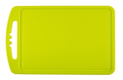 Yellow plastic cutting board isolated on white background. Top view