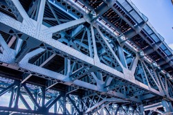 Close up from underneath of the Benjamin Franklin railway Bridge in Philadelphia showing the lattice work and structural steel supports