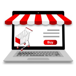 Online shopping concept on store laptop.Vector computer notebook and cart icon modern style on white background.