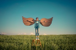 Happy kid playing. Child having fun outdoors. Kid with cardboard wings. Child in summer field. Travel and vacation concept. Imagination and freedom concept