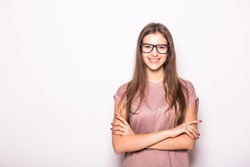 Portrait of beauty girl in eyeglasses on white background