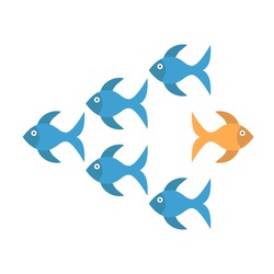 Bold unique gold fish standing out from crowd of many blue ones and moving in opposite way. Being different, courage and risk concept. Flat design. Vector illustration. EPS 8, no transparency