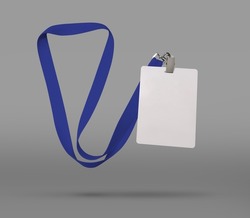 Plastic badge. ID card with blue ribbon. Template designed for employees and guests of company. Can be used for show, events, concerts and performances. Or for speakers and organizers.