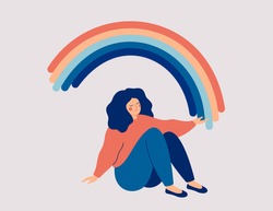 Happy woman sits on the floor and draws her arms to the rainbow. Smiled girl creates good vibe around her. Smiling female character enjoys her freedom and life. Body positive and health care concept