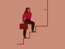 Businesswoman climbing up onto career ladder. Strong Woman takes step by step forward to success. Females entrepreneur with briefcase rises up on the stairway. Concept to Achieving goals. Vector