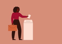 Black businesswoman putting election ballot into box on voting station. African American female voter. Vector illustration