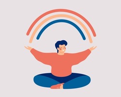 Happy man sits in lotus pose and open his arms to the rainbow. Smiled boy creates good vibe around his. Smiling male character enjoys his freedom and life. Body positive and health care concept