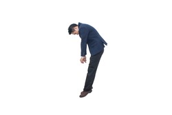 sad asian businessman falling down over white background