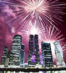 Fireworks over the Skyscrapers International Business Center (City) at night, Moscow, Russia  