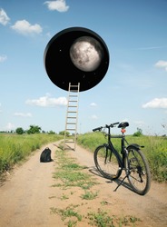Landscape with a bicycle on the road and a hole in the sky leading to another world. 
Photo with 3d rendering element. 
Elements of this image furnished by NASA.