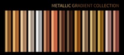 Metallic gold, bronze, silver gradient vector colorful palette and texture set. Holographic background swatch template for banner, screen, mobile,  label, tag. Metal color gradient vector design