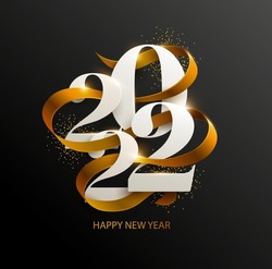 New Years 2022. Greeting card with date and ribbon on black background