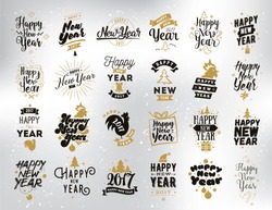 Happy New Year 2017 typographic emblems set. Vector logo, text design. Black, white and gold. Usable for banners, greeting cards, gifts etc.