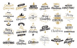 Merry Christmas. Happy New Year, 2017. Typography set. Vector logo, emblems, text design. Usable for banners, greeting cards, gifts etc.