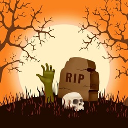 Halloween card, poster cover or banner. Hand from the ground in a cemetery with a skull and tombstone on a moonlit background. Halloween illustration. Vector Graphics