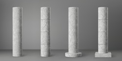 Concrete broken cylindrical columns set with cracks isolated on grey background. Realistic old cement 3d pillar for modern room interior or bridge construction. Textured concrete pole base for banners