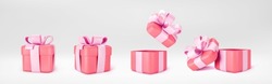 3d red gift boxes open and closed standing on the floor with pink pastel ribbon bow isolated on a light background. 3d render modern holiday surprise box. Realistic vector icons