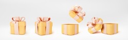 3d orange gift boxes open and closed standing on the floor with yellow pastel ribbon bow isolated on a light background. 3d render modern holiday surprise box. Realistic vector icons