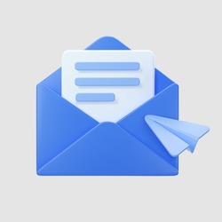3d blue open mail envelope icon with paper plane isolated on grey background. Render new email notification. 3d realistic minimal vector
