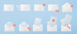 3d white mail envelope icon set with orange marker new message isolated on blue background. Render email notification with letter, check mark, paper plane and magnifying glass icon 3d realistic vector