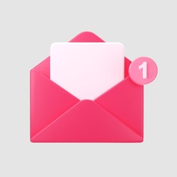 3d pink open mail envelope icon with marker new message isolated on grey background. Render giving love email for Mother and Valentines Day greeting. 3d realistic minimal vector