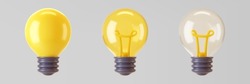 3d yellow light bulb icon set isolated on gray background. Render cartoon style minimal yellow, transparent glass light bulb. Creativity idea, business success, strategy concept. 3d realistic vector