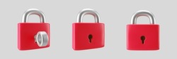3d red locked padlock icon set with key isolated on gray background. Render minimal closed padlock with a keyhole. Confidentiality and security concept. 3d cartoon simple vector illustration