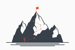 Mountain climbing route to peak. Concept of path to success and goal, way of progress. Plan for climbing to top of mountain. Vector illustration.
