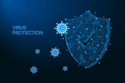 Security shield for virus protection. Coronavirus, 2019-nCoV safety concept made by low polygonal wireframe mesh on blue background. Shield and virus cells. Vaccine, medicine, antibiotic. Vector.