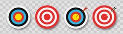 Archery target with arrows. Set of targets at transparent background with shadow. Concept of archery or reaching the goal in business. Vector illustration.