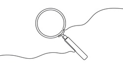 One continuous line illustration of magnifying glass. Continuous line drawing of magnifying glass lens. Vector illustration.