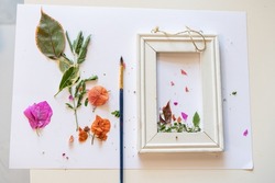 Herbarium of flowers on a sheet of paper. Pressed flowers and leaves onto a picture frame, brush and white paper on a table.
