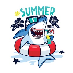 Summer pool party.Shark character design. Fun t-shirt print.