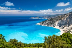 Myrtos Beach, Kefalonia Island. Sights of the Kefalonia Island. The best beaches in the world and the Mediterranean. The best beaches of Greece and the Ionian Sea.