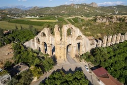 Aerial view of the ancient Aspendos amphitheater in Antalya